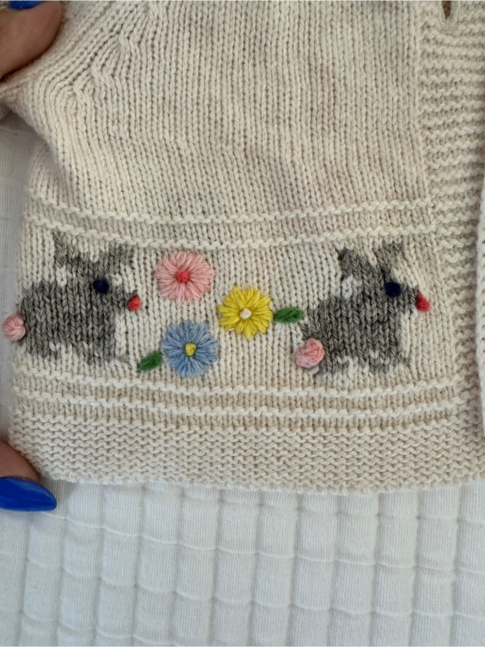 Baby Boden Cream Cardigan with Gray Bunny & Pastel Flower Embroidery - Picture 2 of 4